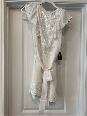 Express White Lace Flutter Sleeve Belted Romper M NWT